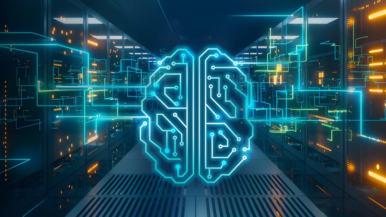 Illuminated neural-circuit symbol inside an artificial intelligence data center